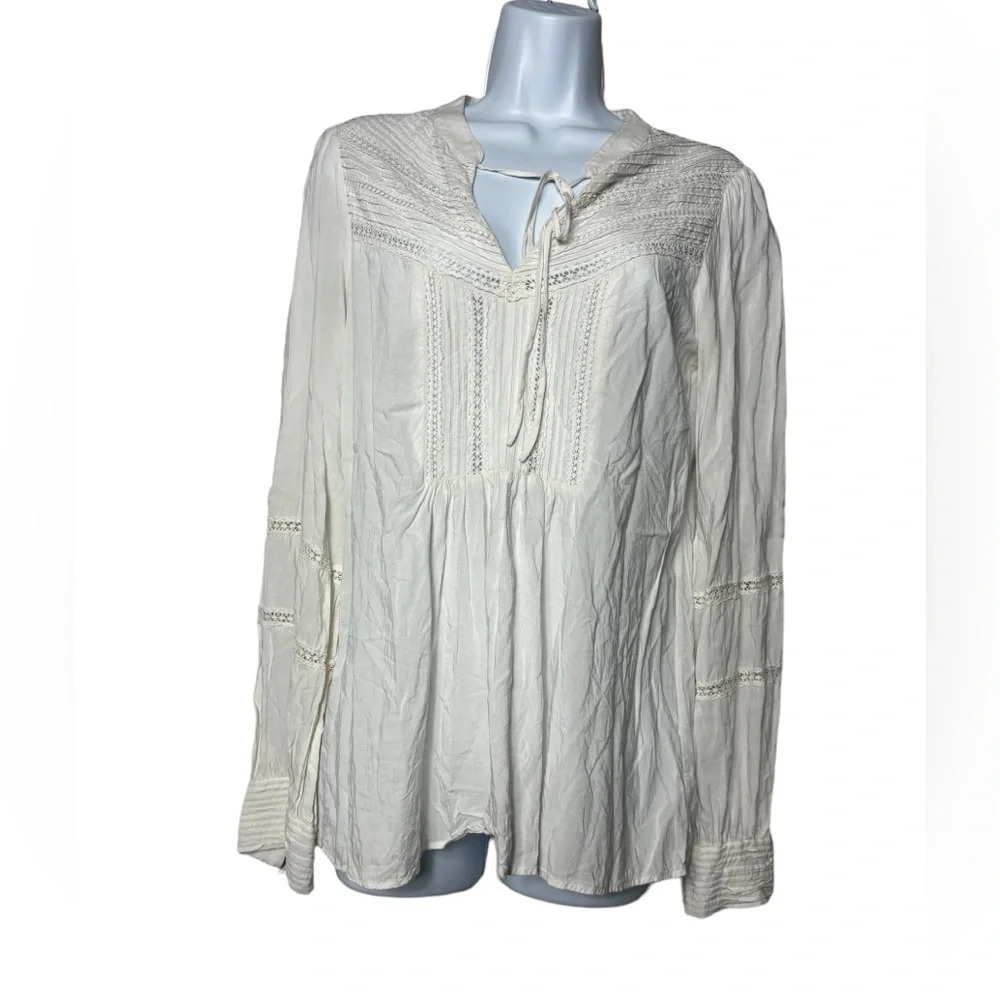 THEORY Women’s Ivory Top Embroidered Peasant Boho‎ Long Sleeve Top Size Medium